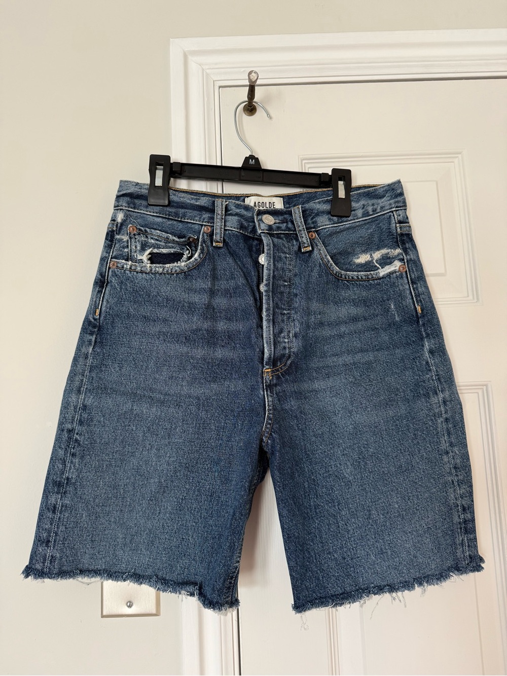 Agolde Classic Raw Hem Mid-Blue Denim Cutoff Shorts